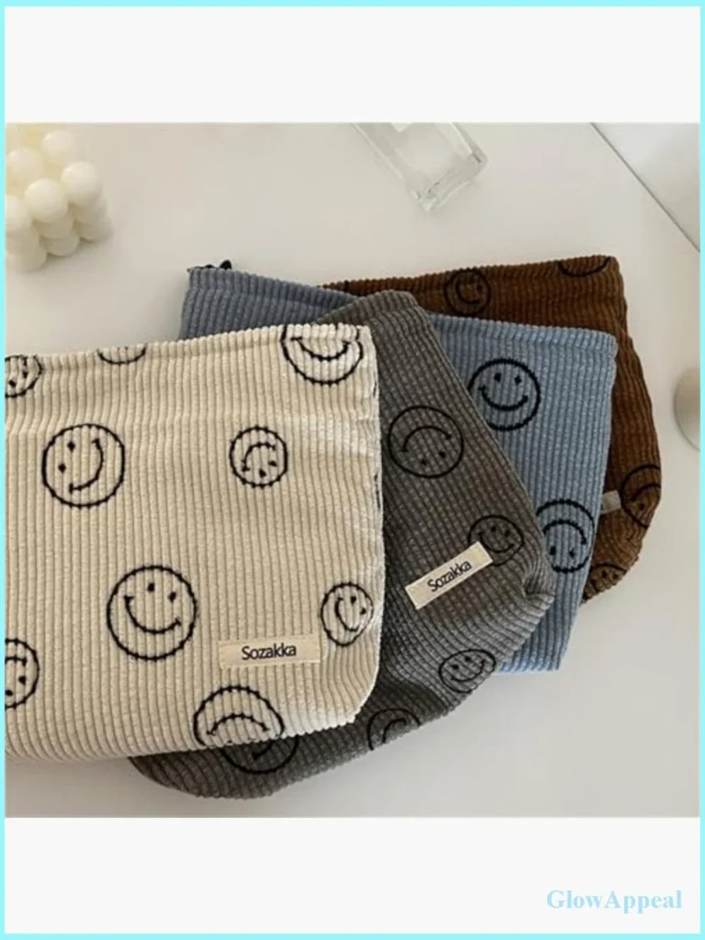 Corduroy Smile Dots Makeup Bag - Cute Cosmetic Pouch for Travel